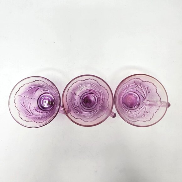 Vintage Indiana Glass Pebble Leaf Tea Cups Pink Floral Pressed 3pc Set - Picture 11 of 16